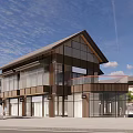 Modern Commercial Street With Glass Curtain Walls Storefronts And Unique Roof Design