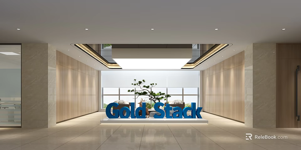 Modern Front Desk Reception Interior Design With Cold Stack Logo Decorative Plant And Lighting 3d model