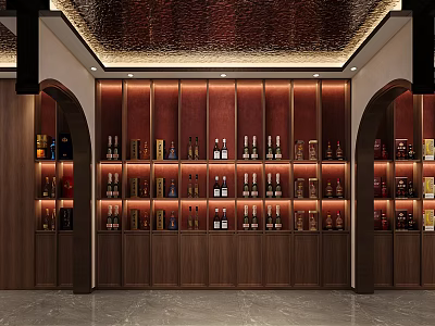 Chinese Style Mahogany Wine Cabinet With Wine Racks And Decorative Bottles 3d model