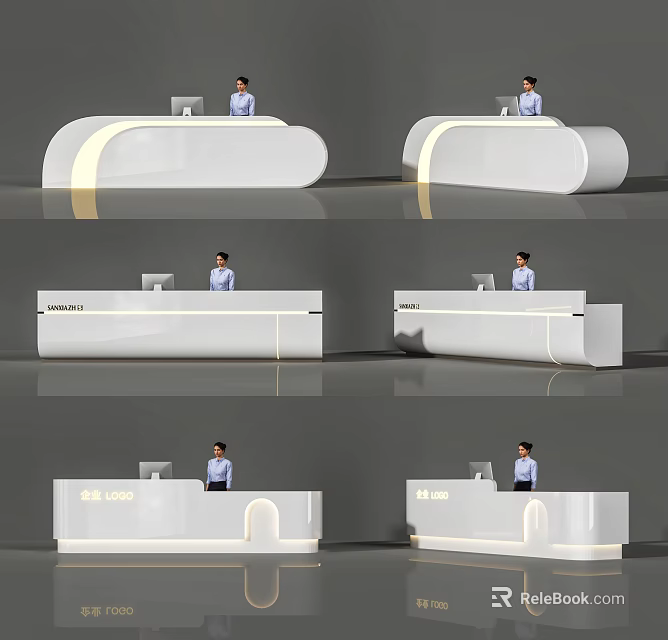 Modern White Curved Reception Desk Design With Receptionist And Computer Setup 3d model 