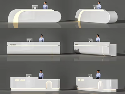 Modern White Curved Reception Desk Design With Receptionist And Computer Setup 3d model