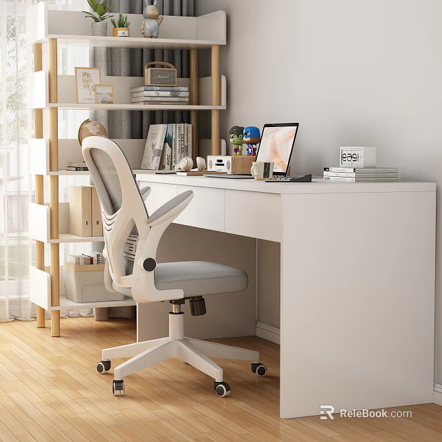 Bright Study Room With White Desk Ergonomic Chair Laptop Bookshelf And Natural Light 3d model 