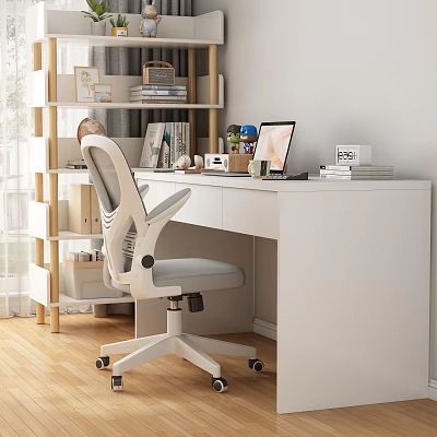 Bright Study Room With White Desk Ergonomic Chair Laptop Bookshelf And Natural Light 3d model