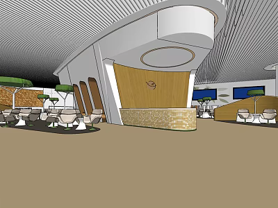 Modern Hotel Public Lounge Area With Curved Ceiling Wooden Accent Wall And Green Plants 3d model