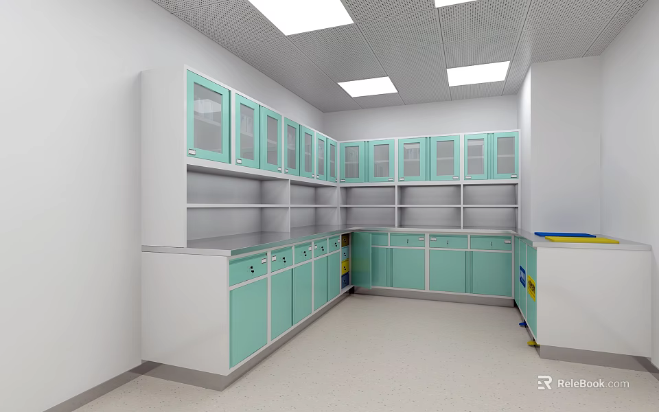 Laboratory Room Interior With Light Green Cabinets Glass Doors And White Countertops 3d model 