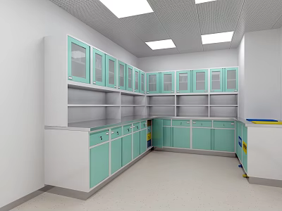 Laboratory Room Interior With Light Green Cabinets Glass Doors And White Countertops 3d model