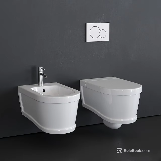 White Wall Mounted Toilets With Control Panel On Dark Bathroom Wall 3d model 