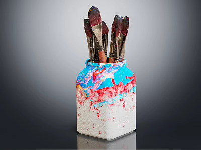 Paintbrushes in Colorful Vase With Blue Red White Paint Splatters On Dark Background 3d model