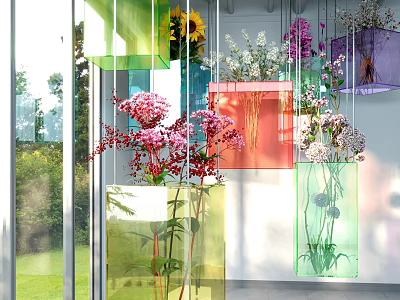 Colorful Hanging Glass Vases with Fresh Flowers for Indoor Outdoor Garden Decor 3d model