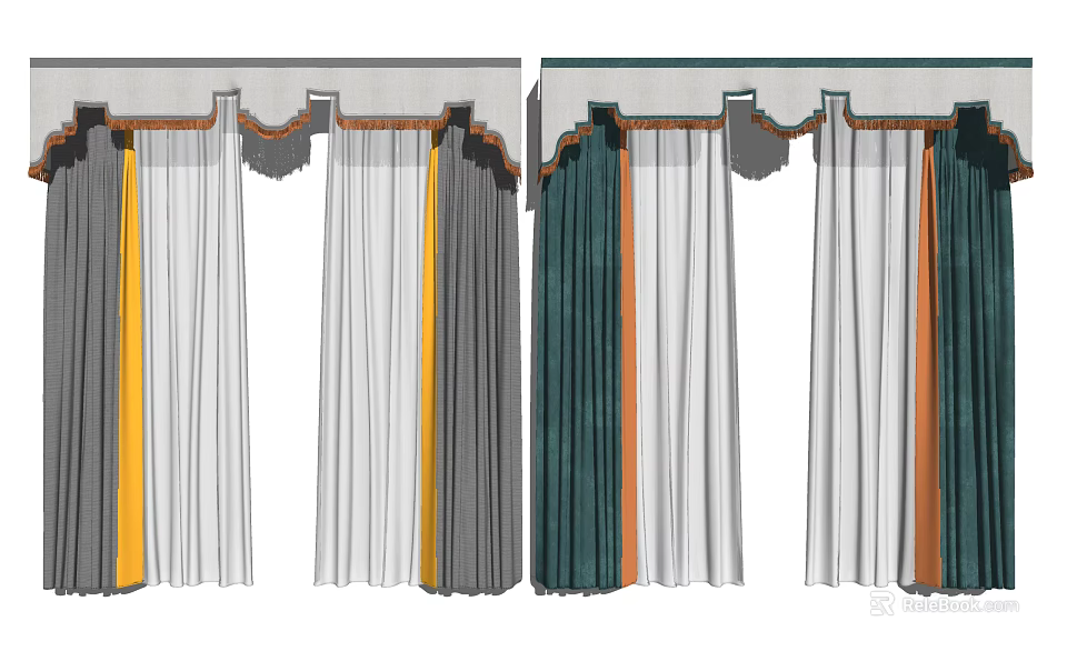 Colorful Layered Curtains With Yellow Gray Green Orange Stripes And Valance Design 3d model 