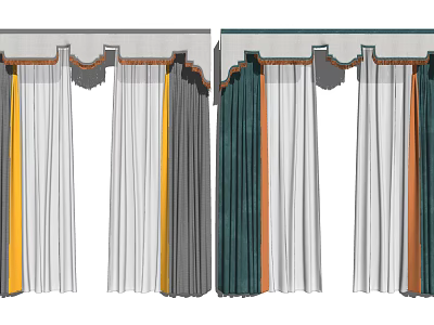 Colorful Layered Curtains With Yellow Gray Green Orange Stripes And Valance Design 3d model