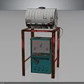 Water Dispensing Equipment With Red Metal Stand White Storage Bucket And Blue Control Cabinet
