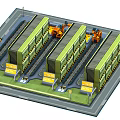 Cartoon Style Logistics Warehouse Facility With Green Warehouses And Orange Forklifts