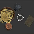 Decorative Glass Orbs With Golden Copper And Black Bases Plus Vintage Brown Book