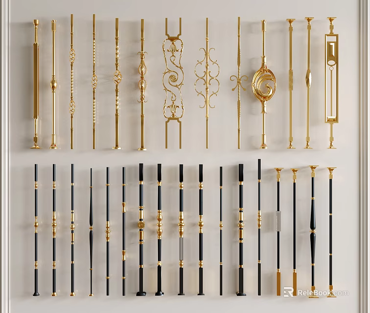 Gold and Black Decorative Balusters with Various Ornate Design Styles and Patterns 3d model