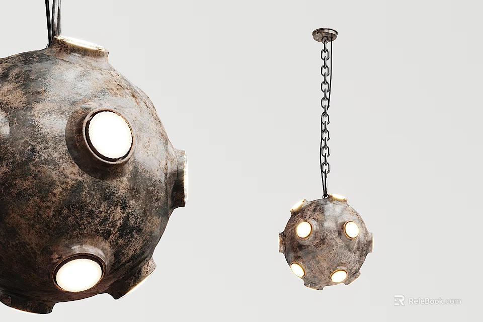 Industrial Style Spherical Chandeliers With Textured Surface Round Bulbs Black Cord And Chain Hanging Design 3d model 