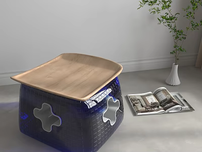 Modern Blue Stool With Wooden Top And Star Shaped Cutouts Near Magazine And Vase 3d model