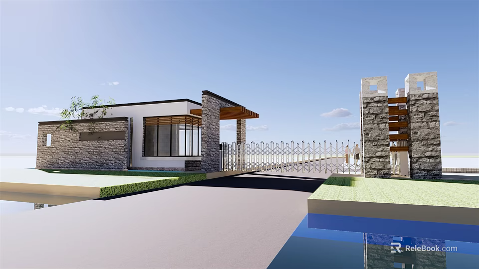 Modern Entrance Gate With Stone Walls Metal Fence Lawn And Water Pool 3d model 