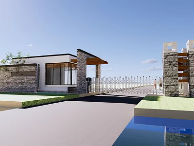 Modern Entrance Gate With Stone Walls Metal Fence Lawn And Water Pool 3d model