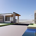 Modern Entrance Gate With Stone Walls Metal Fence Lawn And Water Pool