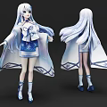 Game Movie Character With Long White Hair Blue White Cloak Short Skirt Blue Boots