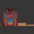 Red Model Train With Two Carriages And Dark Roof On Orange Platform