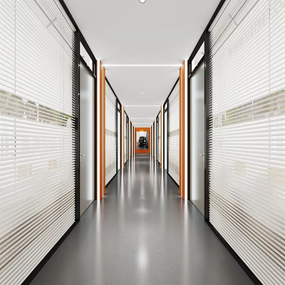 Modern Office Hallway with Glass Partitions White Blinds Sleek Flooring Orange Accents and Bright Lighting 3d model