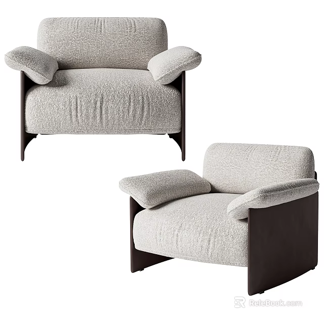 Modern Minimalist Single Seater Sofa With Light Fabric Upholstery And Dark Wooden Legs 3d model 