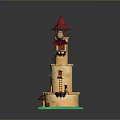 Cartoon Landscape With Red Spire Tower Beige Structure Green Base And Floating Clouds 3d model