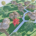 Round Dome Shaped Wooden Houses Connected by White Pathway Surrounded by Green Grass and Trees