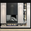 Modern TV Wall Interior Design With Vertical Striped Panel And Fireplace Decor 3d model