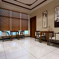 Traditional Chinese Interior Design With Wooden Furniture Calligraphy Paintings And White Tile Floor
