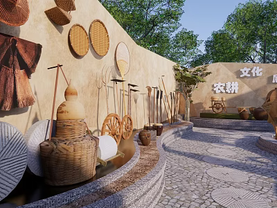 Cultural Farming Theme Park Landscape With Traditional Tools Stone Wall And Flagstone Path 3d model