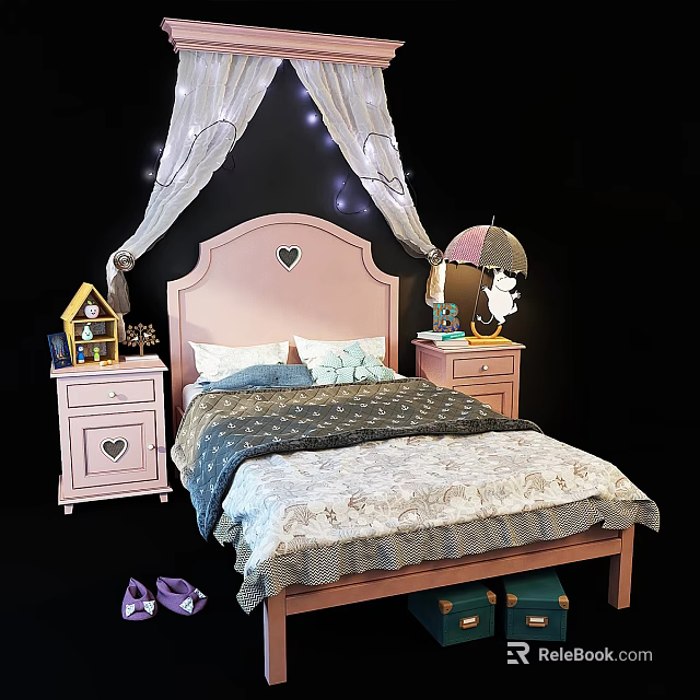 Pink Children's Bed with Heart Shaped Headboard Canopy Star Lights Nightstands and Cozy Bedding 3d model 