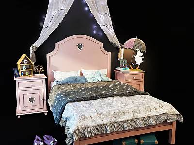 Pink Children's Bed with Heart Shaped Headboard Canopy Star Lights Nightstands and Cozy Bedding 3d model