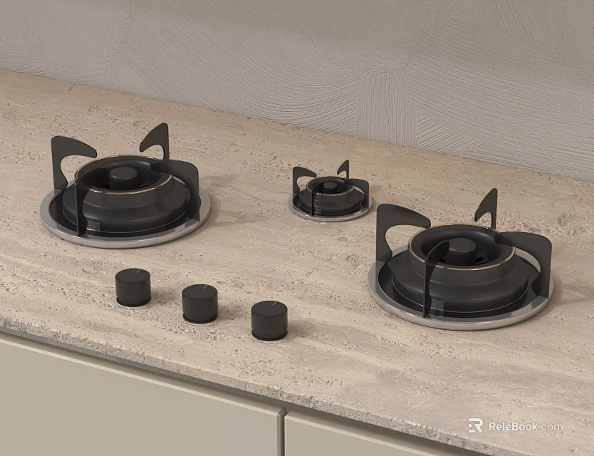 Gas Stove Burners And Control Knobs On Light Kitchen Countertop 3d model