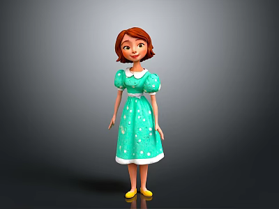 Cute Child Wearing Green Dress With White Star Patterns White Collar And Yellow Shoes 3d model