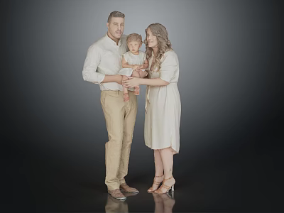 Family of Three with Parents Holding Baby in Light Colored Clothing Against Gray Background 3d model