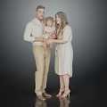 Family of Three with Parents Holding Baby in Light Colored Clothing Against Gray Background