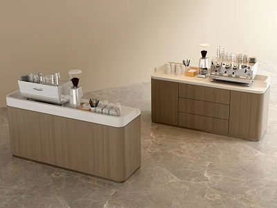 Modern Bar Counter Design With Wooden Cabinets White Countertop Coffee Machines And Marble Floor 3d model