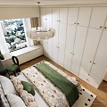 Elegant Bedroom Interior With Patterned Wallpaper Chandelier Decorative Paintings Green Throw And City View
