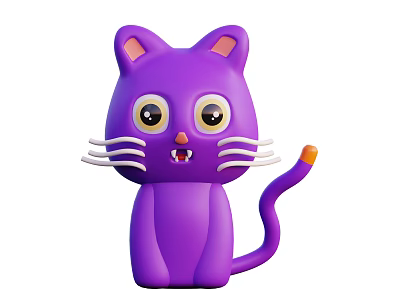 Purple Cartoon Cat With Big Eyes White Whiskers Pink Inner Ears And Orange Tail Tip 3d model