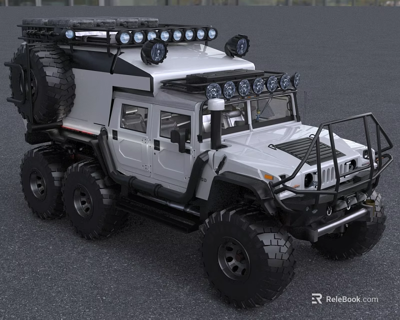 White Six Wheel Off Road SUV With Roof Lights And Spare Tire 3d model 