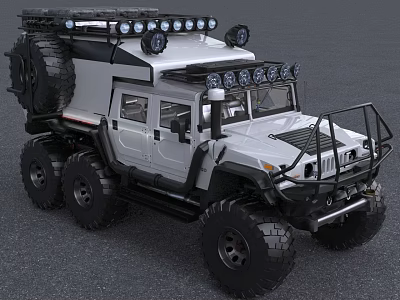 White Six Wheel Off Road SUV With Roof Lights And Spare Tire 3d model