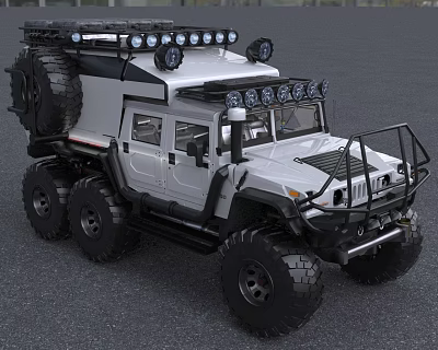 White Six Wheel Off Road SUV With Roof Lights And Spare Tire 3d model