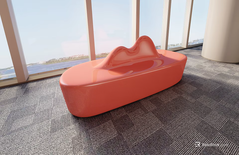 Orange Curved Public Chair With Wave Like Backrest In Indoor Space With Large Windows 3d model 
