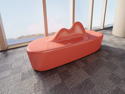 Orange Curved Public Chair With Wave Like Backrest In Indoor Space With Large Windows 3d model