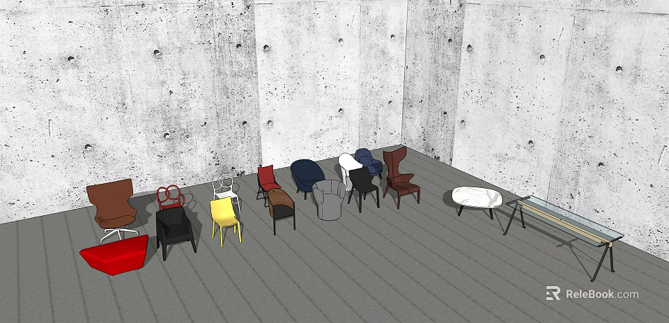 Various Colored Accent Chairs in Room With Concrete Wall Wooden Floor And Small Round Table 3d model 
