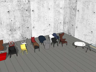 Various Colored Accent Chairs in Room With Concrete Wall Wooden Floor And Small Round Table 3d model