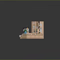 Green Plant On Small Table In 3D Rendered Furniture Set With Bookshelf Desk And Sofa